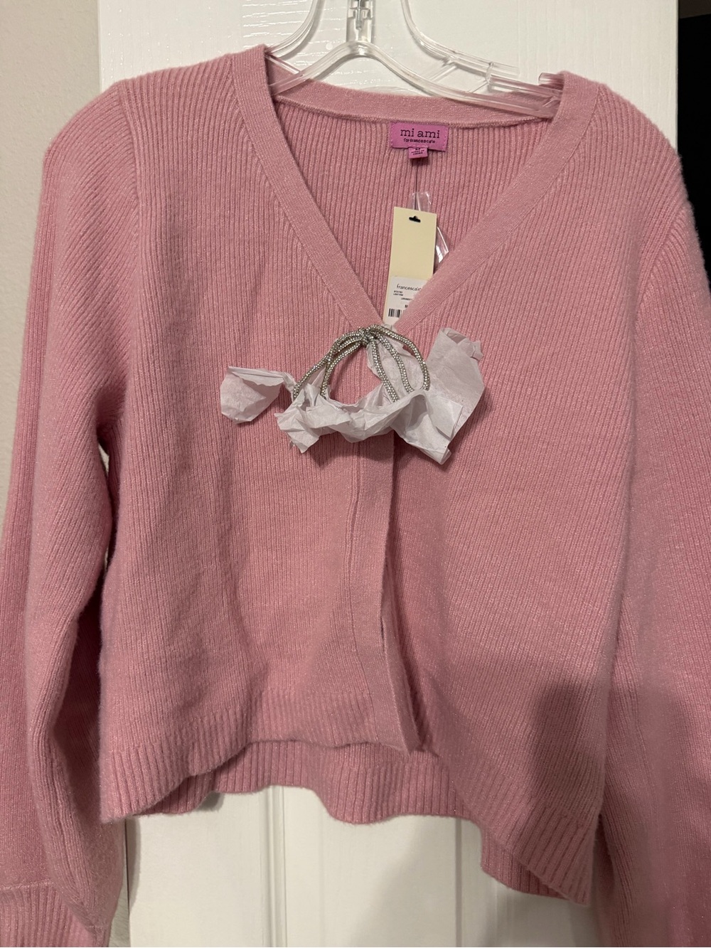 miami Pink V-Neck Ribbed Cardigan Sweater medium nwt sparkle bow